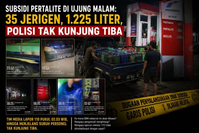 
 SUBSIDI PERTALITE DI UJUNG MALAM: 35 JERIGEN, SEKITAR 1.225 LITER, POLISI TAK KUNJUNG TIBA